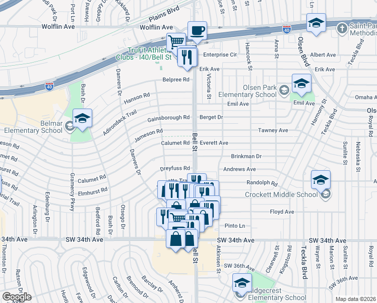 map of restaurants, bars, coffee shops, grocery stores, and more near 2900-2998 Bell Street in Amarillo