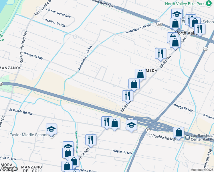 map of restaurants, bars, coffee shops, grocery stores, and more near 702 Ortega Road Northwest in Los Ranchos de Albuquerque