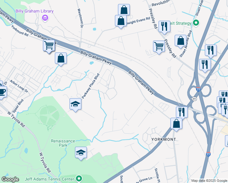 map of restaurants, bars, coffee shops, grocery stores, and more near 1010 Yorkmont Ridge Ln in Charlotte