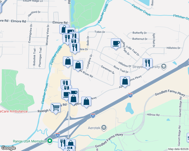 map of restaurants, bars, coffee shops, grocery stores, and more near 2089 Pillsbury Place in Memphis