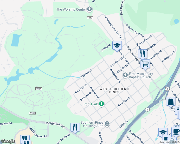 map of restaurants, bars, coffee shops, grocery stores, and more near 603 South Glover Street in Southern Pines