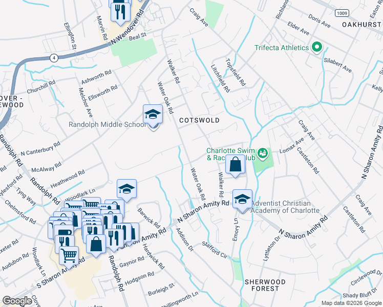 map of restaurants, bars, coffee shops, grocery stores, and more near 4523 Water Oak Road in Charlotte