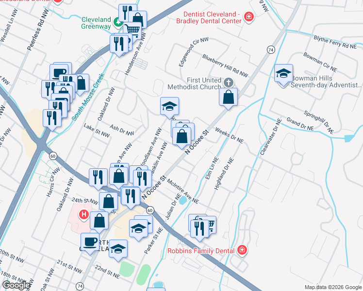 map of restaurants, bars, coffee shops, grocery stores, and more near 96 Mikel St NW in Cleveland