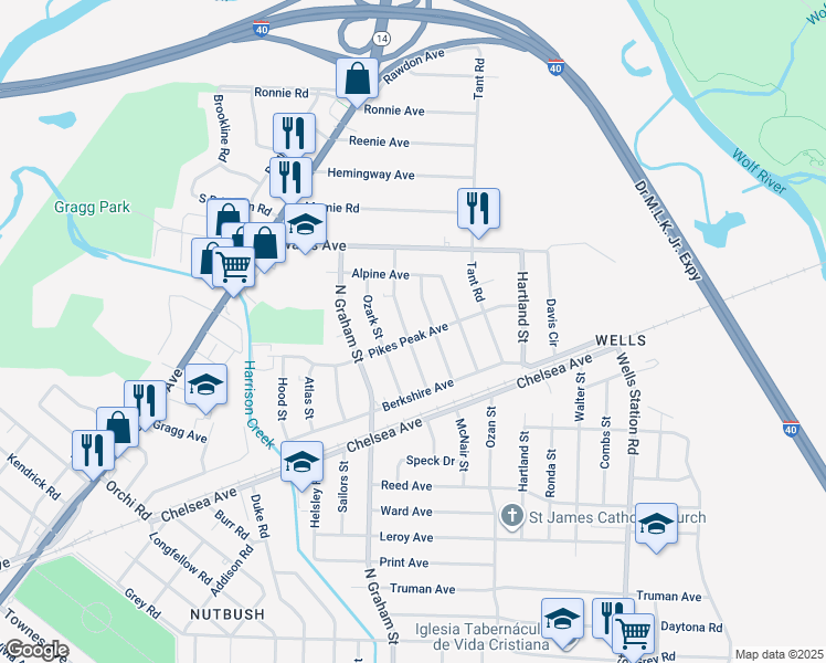 map of restaurants, bars, coffee shops, grocery stores, and more near 4064 Pikes Peak Avenue in Memphis
