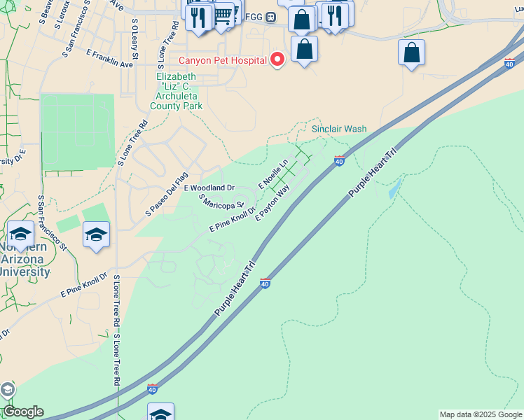 map of restaurants, bars, coffee shops, grocery stores, and more near 1299 East Makayla Way in Flagstaff
