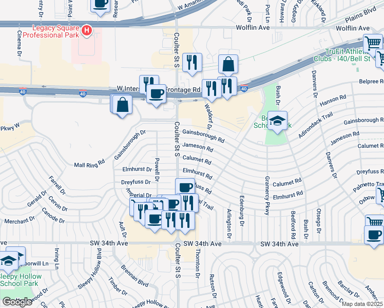 map of restaurants, bars, coffee shops, grocery stores, and more near 7204 Calumet Rd in Amarillo