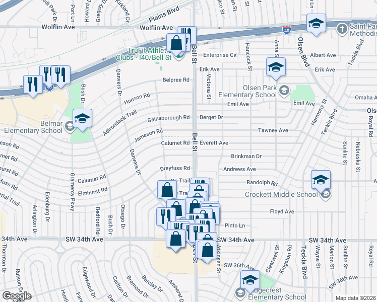 map of restaurants, bars, coffee shops, grocery stores, and more near 2900-2998 Bell Street in Amarillo