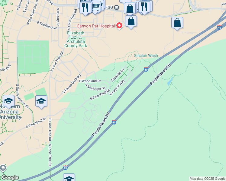 map of restaurants, bars, coffee shops, grocery stores, and more near 1299 East Makayla Way in Flagstaff