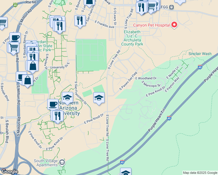 map of restaurants, bars, coffee shops, grocery stores, and more near 1320 South Lone Tree Road in Flagstaff