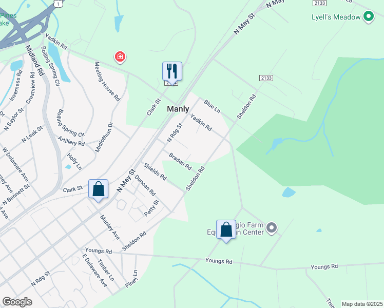 map of restaurants, bars, coffee shops, grocery stores, and more near 305 Braden Road in Southern Pines