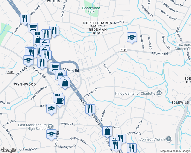 map of restaurants, bars, coffee shops, grocery stores, and more near 5717 Electra Lane in Charlotte