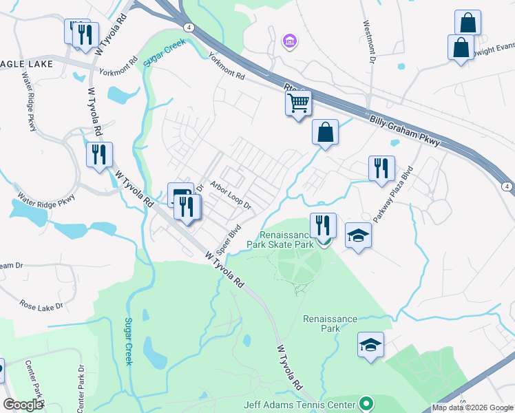 map of restaurants, bars, coffee shops, grocery stores, and more near 2112 Arbor Loop Drive in Charlotte