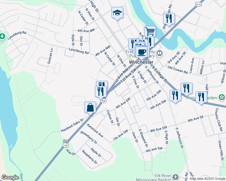 map of restaurants, bars, coffee shops, grocery stores, and more near 603 David Crockett Highway in Winchester