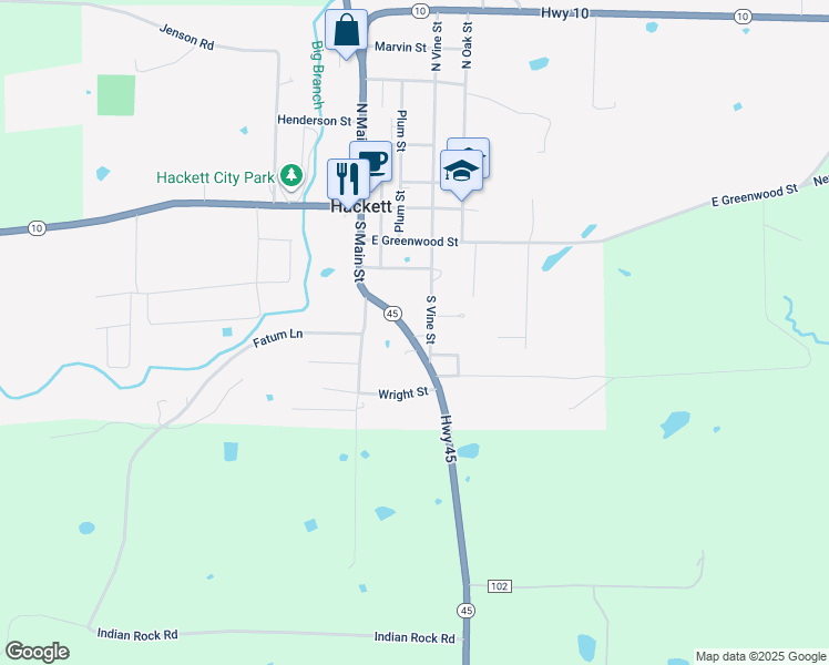map of restaurants, bars, coffee shops, grocery stores, and more near 418 State Highway 45 in Hackett