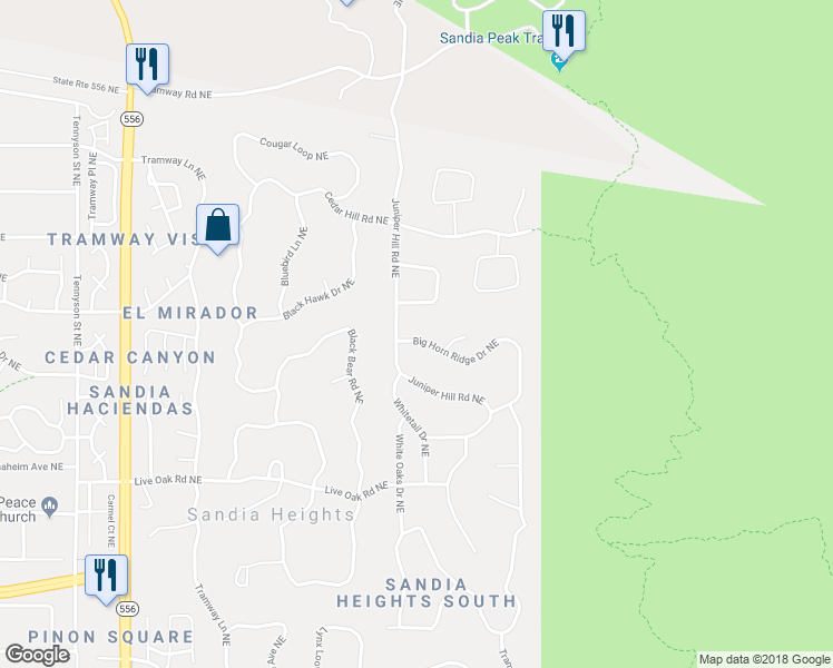 map of restaurants, bars, coffee shops, grocery stores, and more near 183 Big Horn Ridge Drive Northeast in Albuquerque