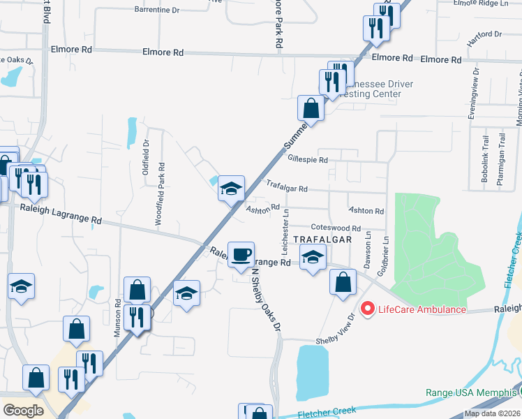 map of restaurants, bars, coffee shops, grocery stores, and more near 6217 Ashton Road in Memphis