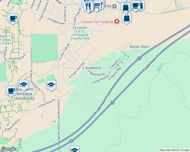 map of restaurants, bars, coffee shops, grocery stores, and more near 1377 South Maricopa Street in Flagstaff