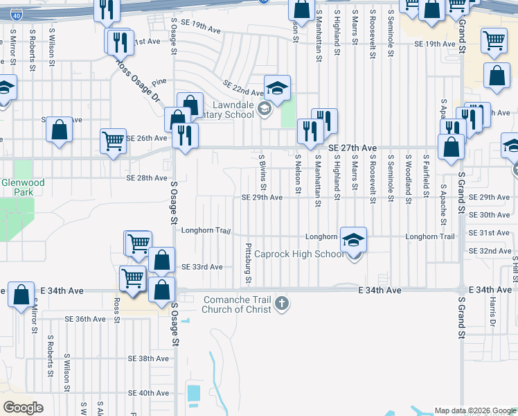 map of restaurants, bars, coffee shops, grocery stores, and more near 2904 South Bivins Street in Amarillo