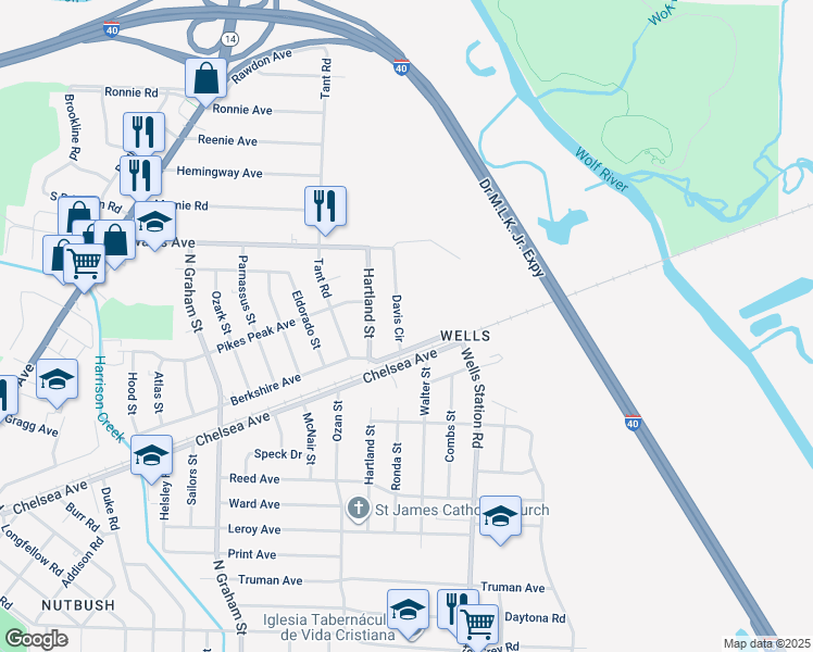 map of restaurants, bars, coffee shops, grocery stores, and more near 1860 Davis Circle in Memphis