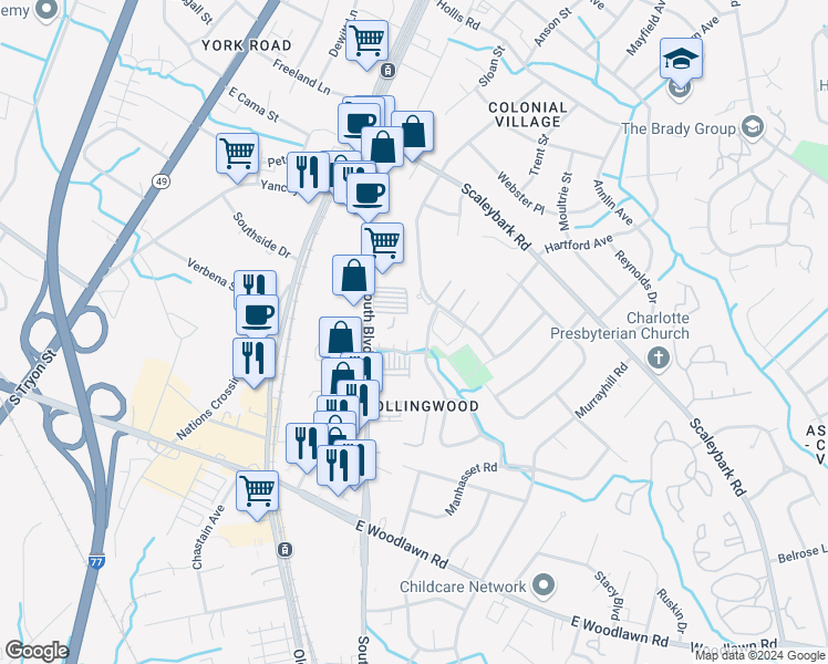 map of restaurants, bars, coffee shops, grocery stores, and more near 4128 Firwood Lane in Charlotte
