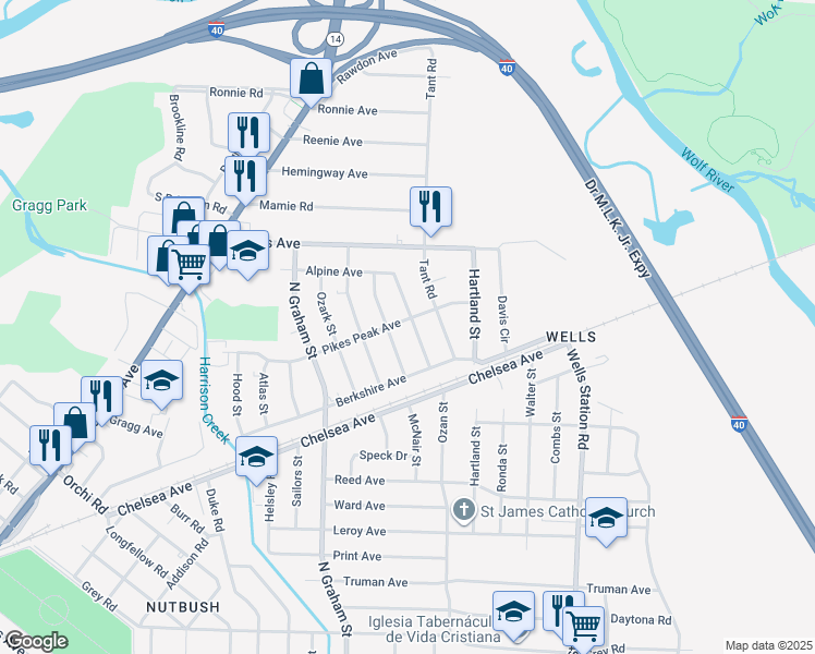 map of restaurants, bars, coffee shops, grocery stores, and more near 4119 Pikes Peak Avenue in Memphis