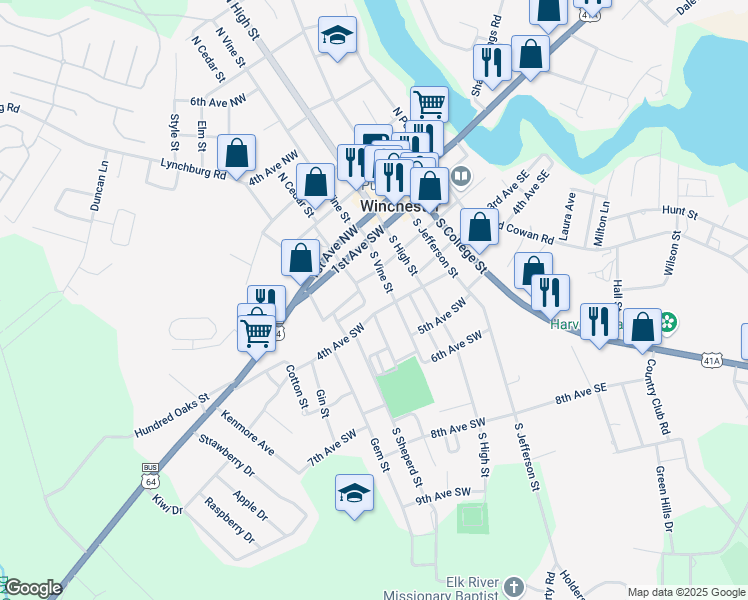 map of restaurants, bars, coffee shops, grocery stores, and more near 207 South Cedar Street in Winchester