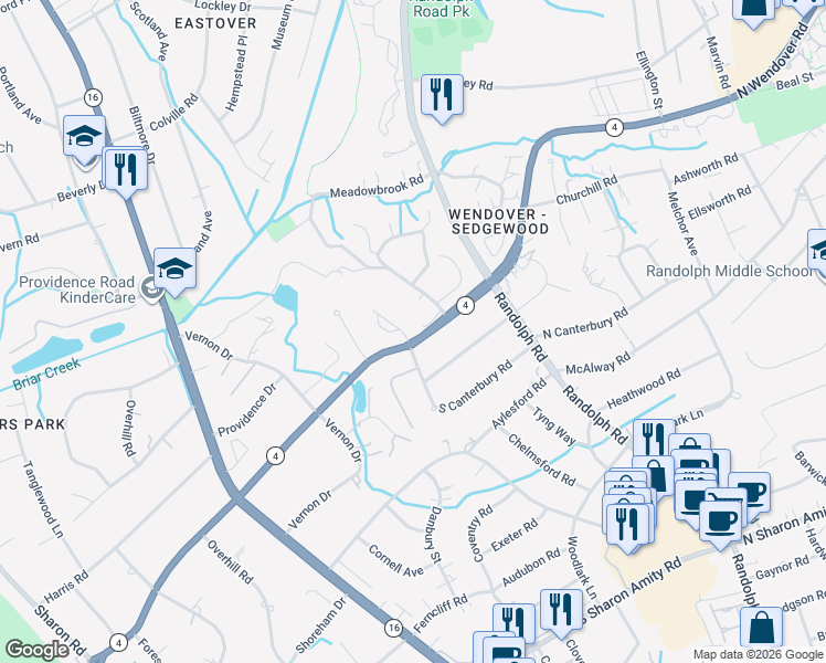 map of restaurants, bars, coffee shops, grocery stores, and more near 304 South Canterbury Road in Charlotte