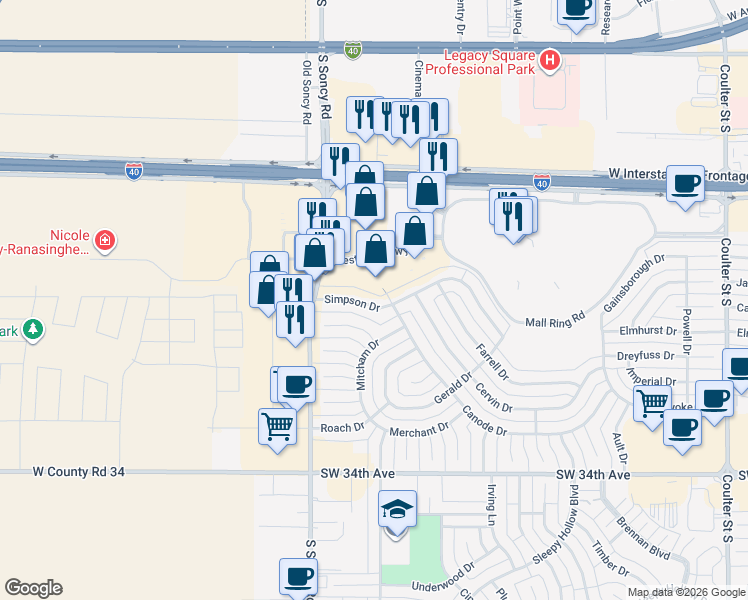 map of restaurants, bars, coffee shops, grocery stores, and more near 8004 Simpson Drive in Amarillo