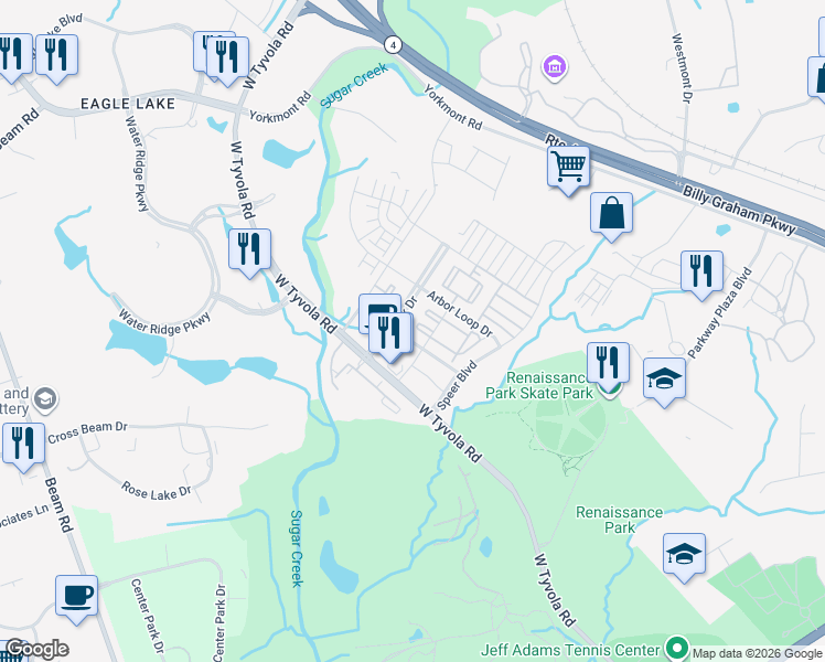 map of restaurants, bars, coffee shops, grocery stores, and more near 1710 Piedmont Hills Place in Charlotte