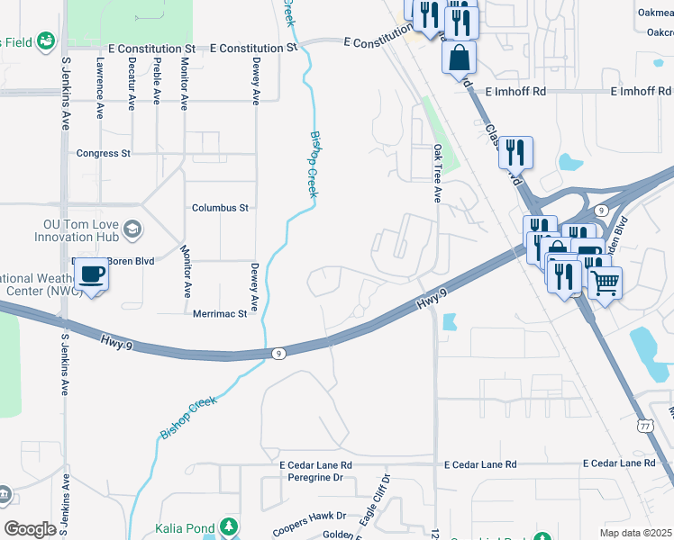 map of restaurants, bars, coffee shops, grocery stores, and more near 814 Cardinal Creek Boulevard in Norman