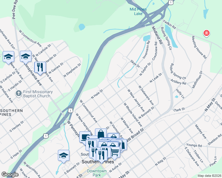 map of restaurants, bars, coffee shops, grocery stores, and more near 530 West Rhode Island Avenue in Southern Pines