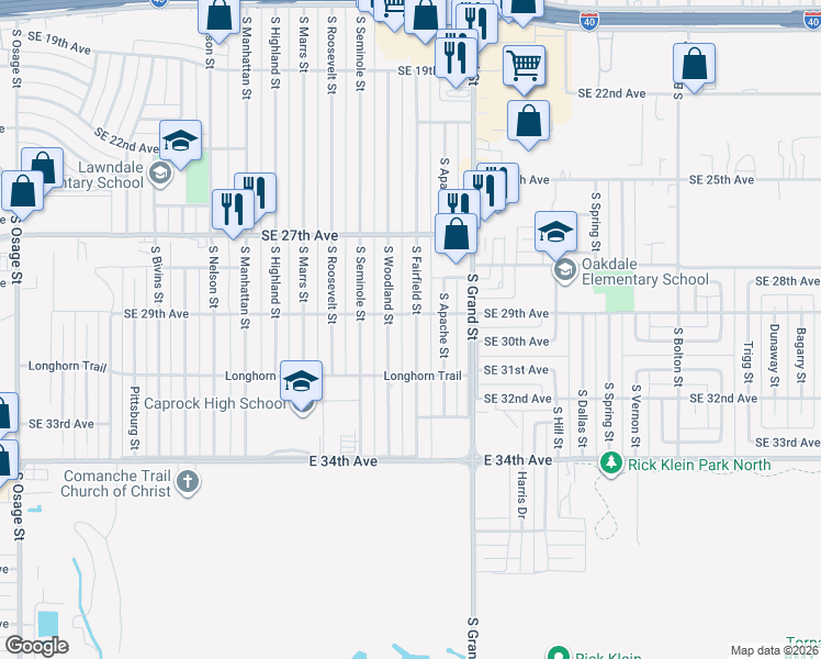 map of restaurants, bars, coffee shops, grocery stores, and more near 2907 South Fairfield Street in Amarillo
