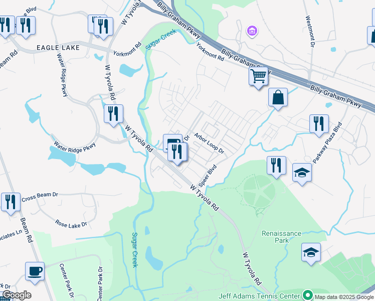 map of restaurants, bars, coffee shops, grocery stores, and more near 1710 Piedmont Hills Place in Charlotte