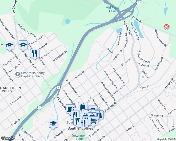 map of restaurants, bars, coffee shops, grocery stores, and more near 530 West Rhode Island Avenue in Southern Pines
