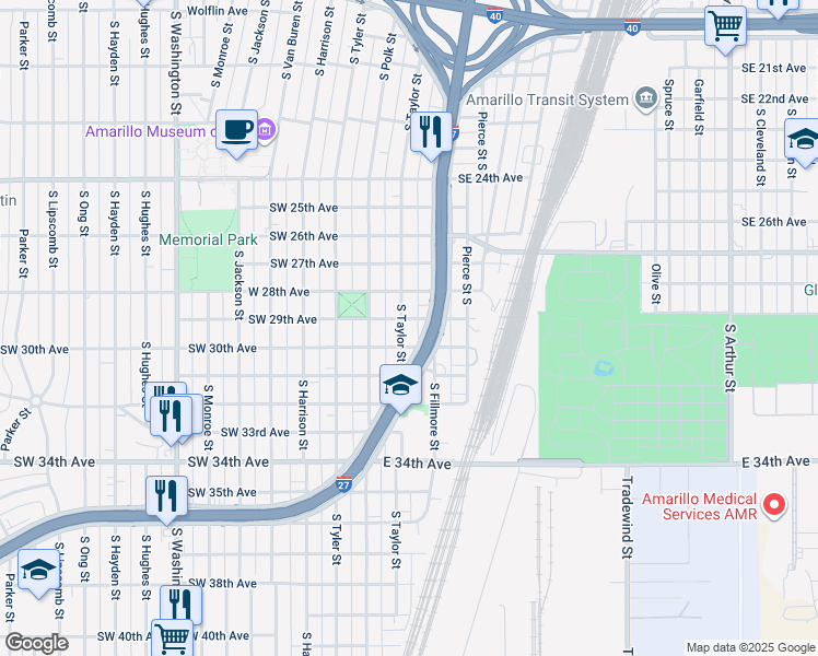 map of restaurants, bars, coffee shops, grocery stores, and more near 2903 South Taylor Street in Amarillo