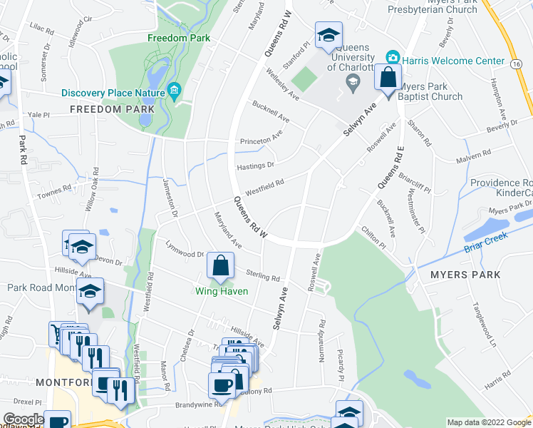map of restaurants, bars, coffee shops, grocery stores, and more near 2350 Croydon Road in Charlotte