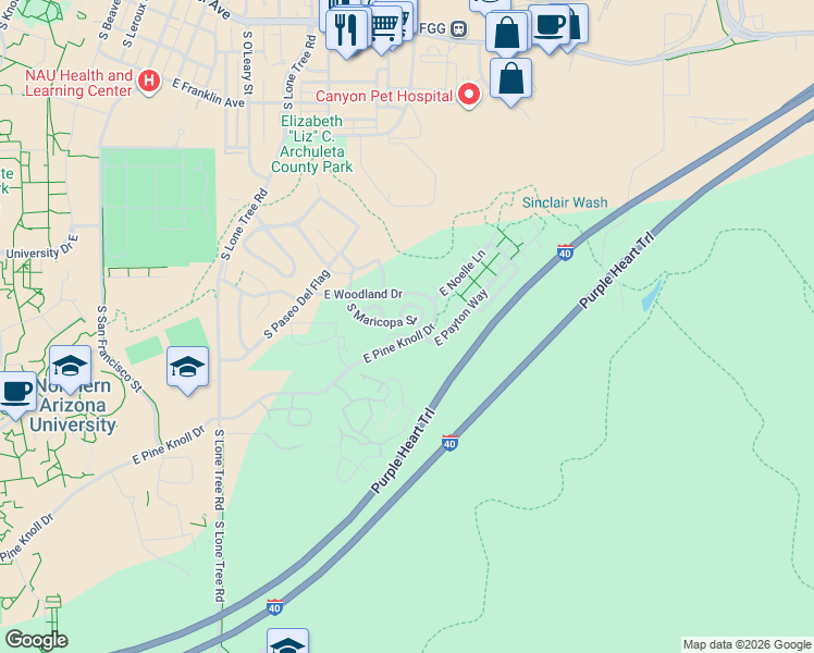 map of restaurants, bars, coffee shops, grocery stores, and more near 1369 South Maricopa Street in Flagstaff