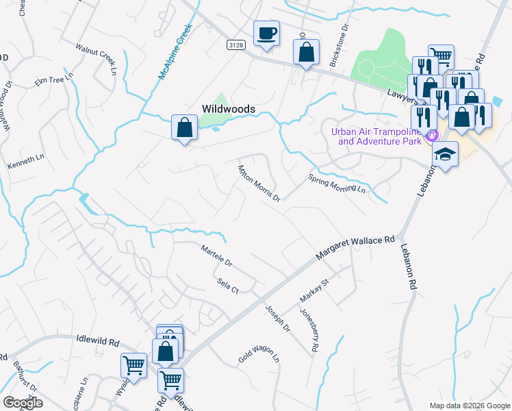 map of restaurants, bars, coffee shops, grocery stores, and more near 7305 Stillwell Road in Matthews