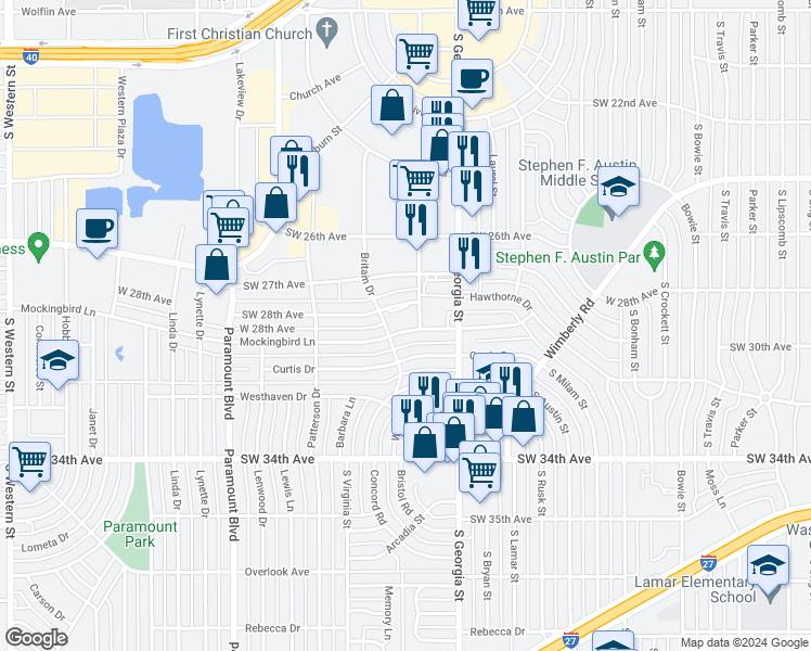 map of restaurants, bars, coffee shops, grocery stores, and more near 2714 Mockingbird Lane in Amarillo