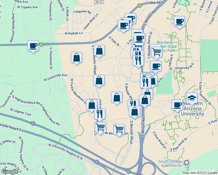 map of restaurants, bars, coffee shops, grocery stores, and more near 923 West University Avenue in Flagstaff