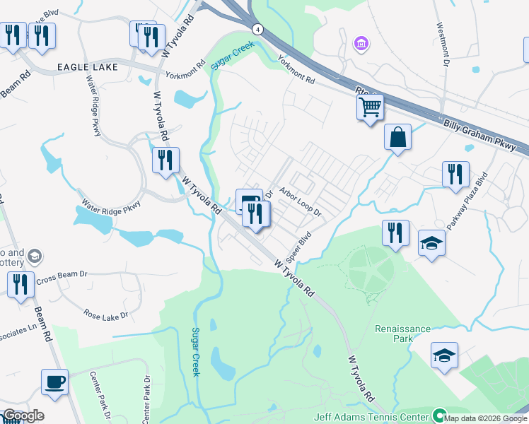 map of restaurants, bars, coffee shops, grocery stores, and more near 1710 Piedmont Hills Place in Charlotte