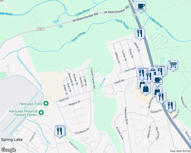 map of restaurants, bars, coffee shops, grocery stores, and more near Tori Drive in Spring Lake
