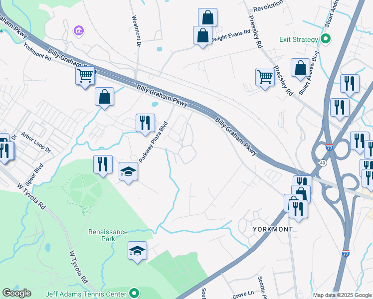 map of restaurants, bars, coffee shops, grocery stores, and more near 920 Yorkmont Ridge Lane in Charlotte