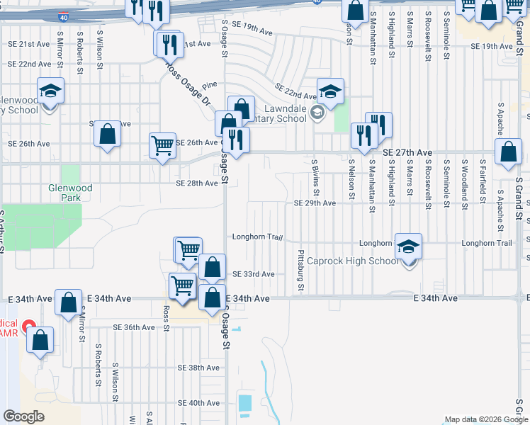 map of restaurants, bars, coffee shops, grocery stores, and more near 2907 Detroit Street in Amarillo