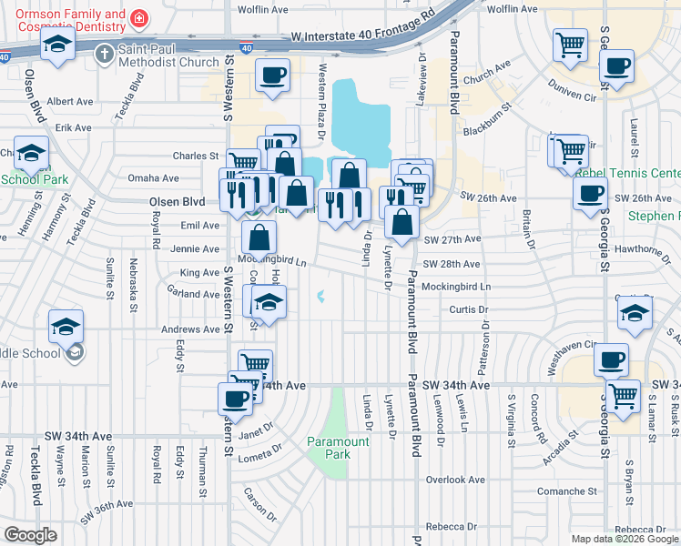 map of restaurants, bars, coffee shops, grocery stores, and more near 3502 Mockingbird Lane in Amarillo