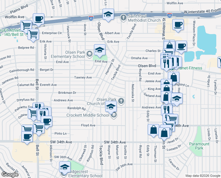 map of restaurants, bars, coffee shops, grocery stores, and more near 2809 Teckla Boulevard in Amarillo