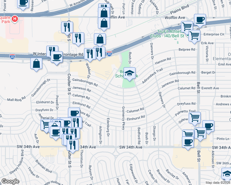 map of restaurants, bars, coffee shops, grocery stores, and more near 6713 Gainsborough Road in Amarillo