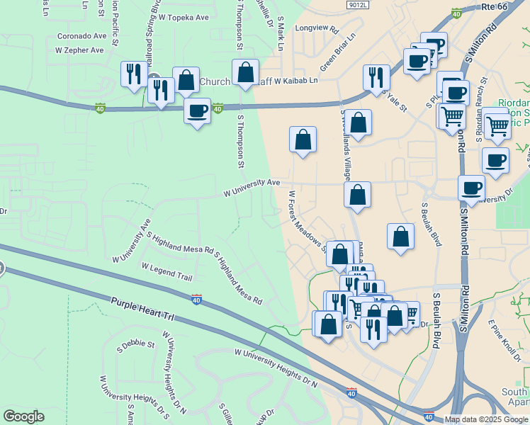 map of restaurants, bars, coffee shops, grocery stores, and more near 1385 West University Avenue in Flagstaff