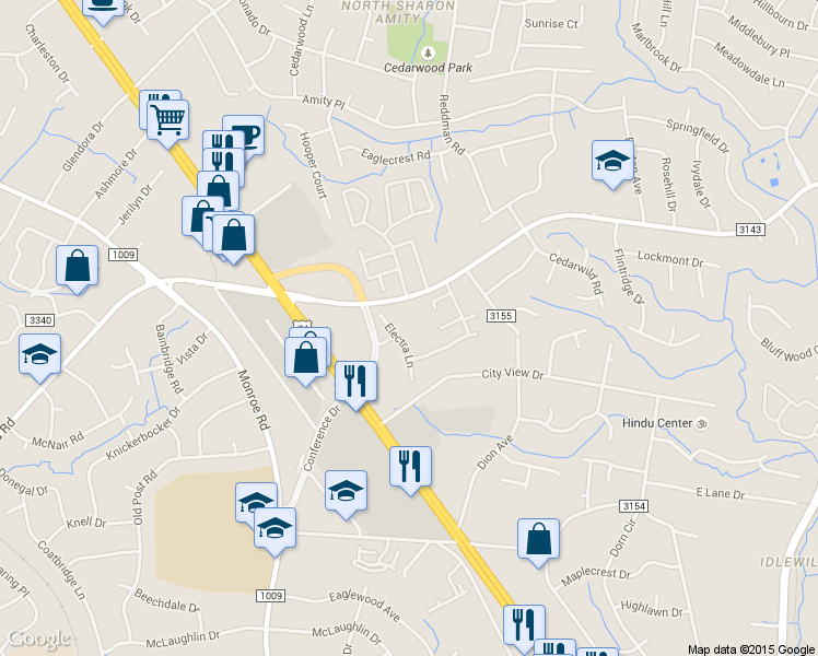 map of restaurants, bars, coffee shops, grocery stores, and more near 5707 Electra Lane in Charlotte