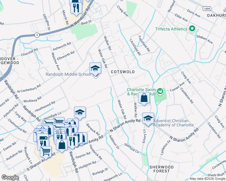 map of restaurants, bars, coffee shops, grocery stores, and more near 4523 Water Oak Road in Charlotte